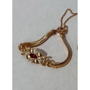 Vintage Gold Tone Rhinestone Bracelet Red Navette Stone